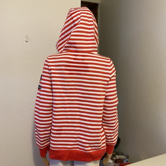 Nautica Women M Soft Fleece Hoodie Pullover Sweatshirt Pocket Logo Red White - Picture 9 of 9